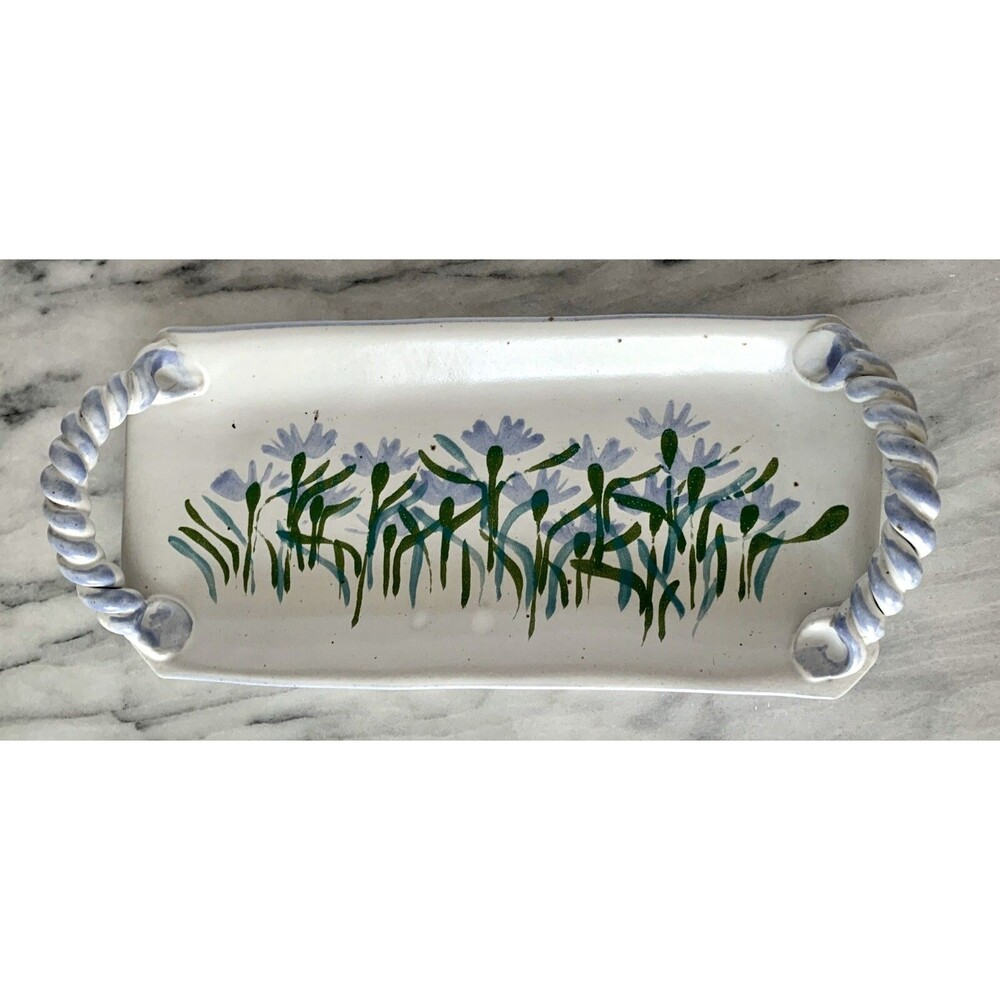 Studio Pottery Artist Made Signed Tray Platter Flowers Lilac Lavender